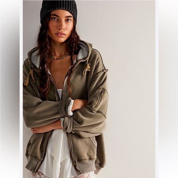 Free People By Your Side Thermal Lined Zip Up Hoodie Sweatshirt Army Size XL NWT - Picture 1 of 16